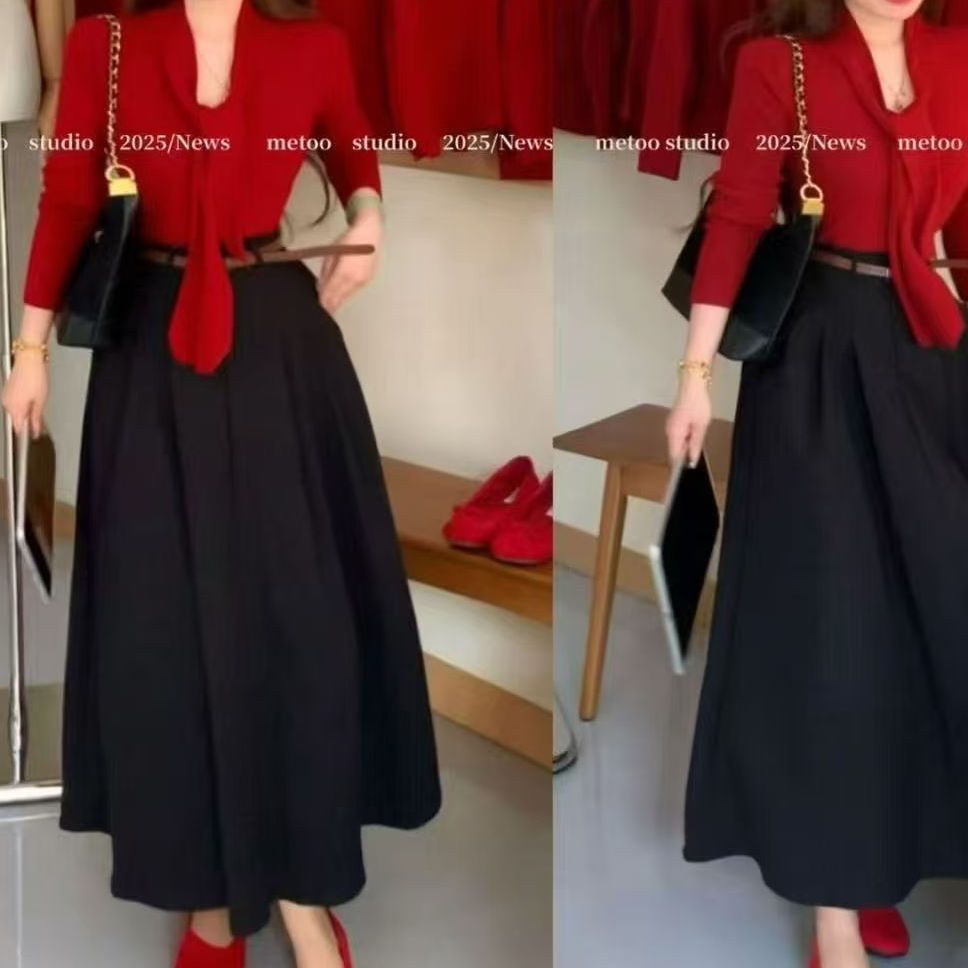 （大财主）秋冬百搭气质小香风飘带上衣搭配高腰半身裙套装2785