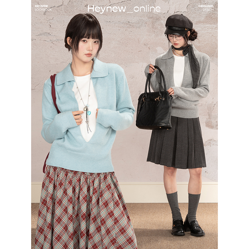 【HEYNEW黑妞】撞色拼接Polo领假两件小众女冬别致上衣JJL251002HN