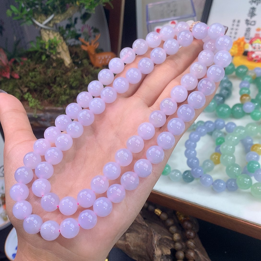 翡翠未镶嵌手链15号 粉紫项链卡10mm