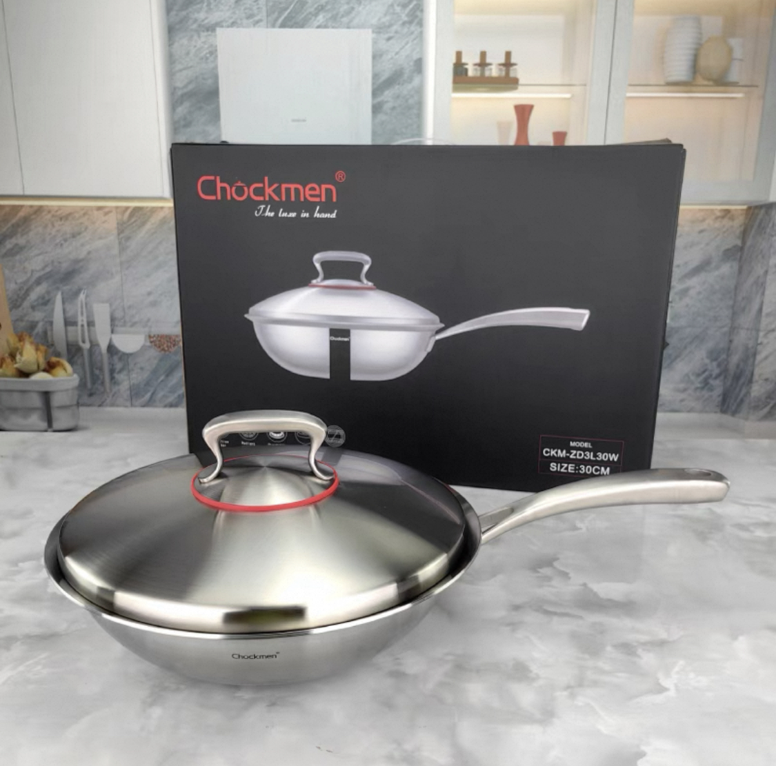 Chockmen卓德铭18/10不锈钢无涂层30cm炒锅不挑灶炒菜炖肉钢盖
