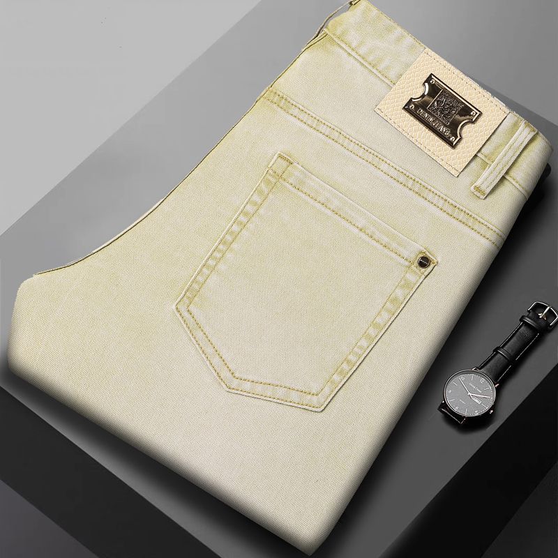 新款高端男士【香槟黄】修身时尚抗皱免熨柔软弹力休闲直筒牛仔裤男