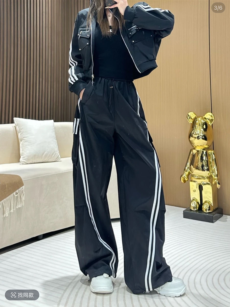 【枫香儿】时尚条纹裤女2025春季新款高腰阔腿工装裤