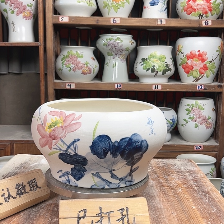 摆件口25青花荷花新款陶瓷