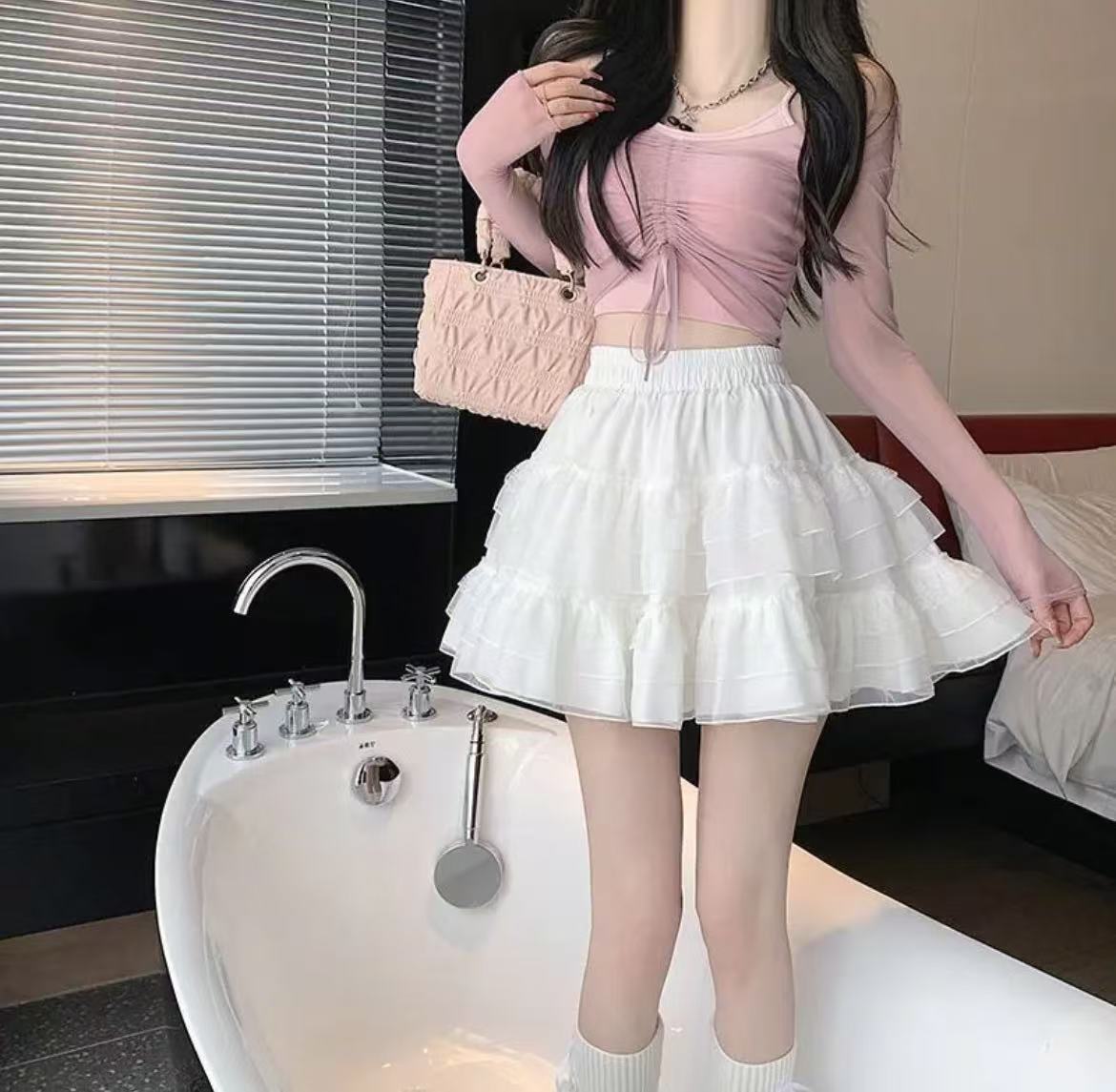 性感辣妹蕾丝蛋糕裙子女短裙夏季薄款显瘦芭蕾风高腰白色网纱蓬