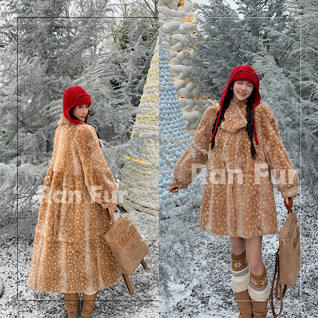 苒苒【小鹿斑比】安哥拉獭兔毛带围脖泡泡肩长款 中长款大衣外套女