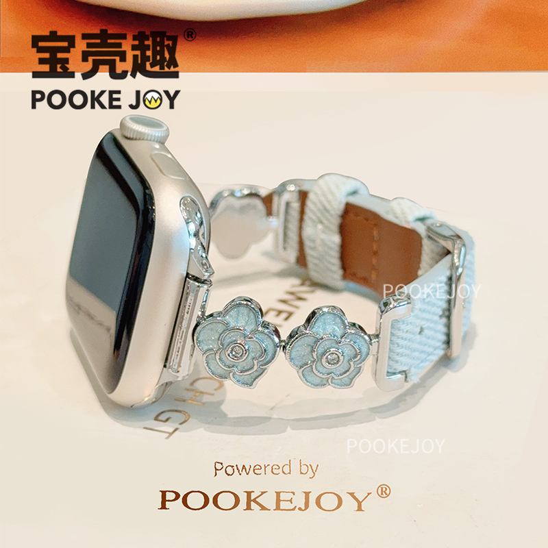 宝壳趣适用苹果applewatch11蔷薇花牛仔表带s10/s9金属拼真皮s8
