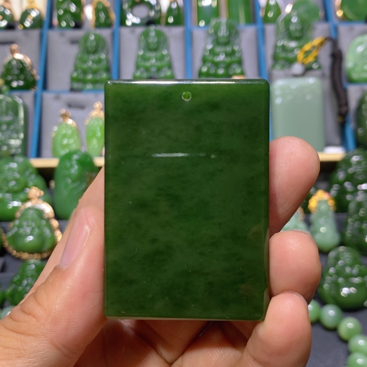 【闪购商品】和田玉吊坠(不含链)未镶嵌菠菜绿无事牌 55/38/9.5