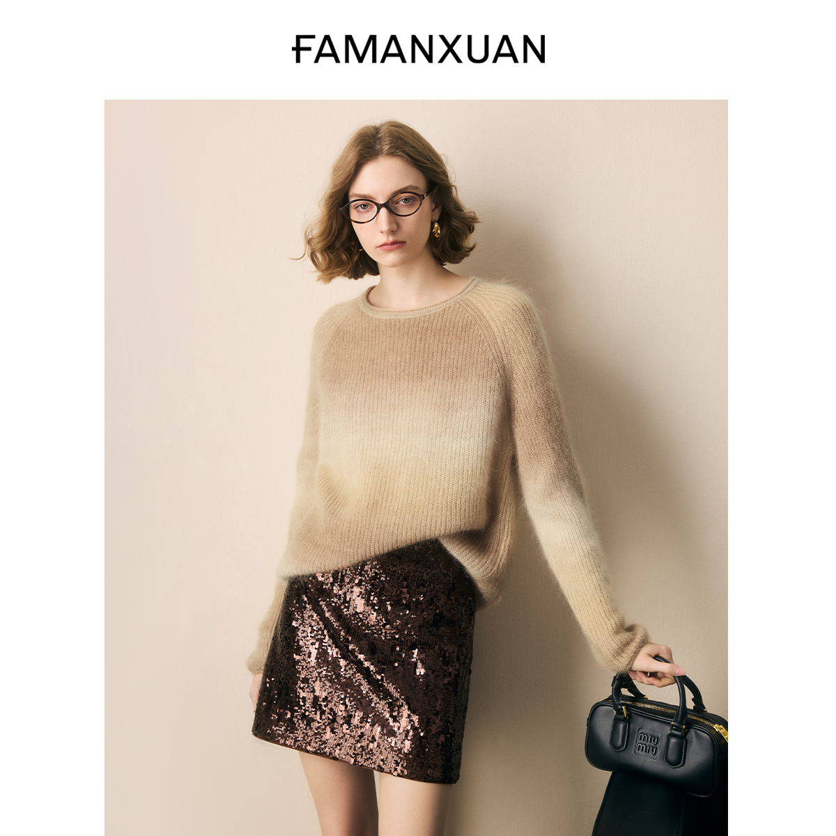 法曼萱法式极简柔雾感羊毛马海毛针织衫女2025冬季新款渐变色毛衣