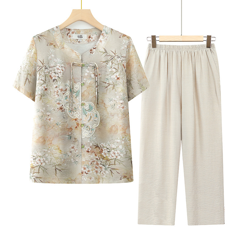奶奶装夏装短袖衬衫中老年人女装夏季套装老人衣服小