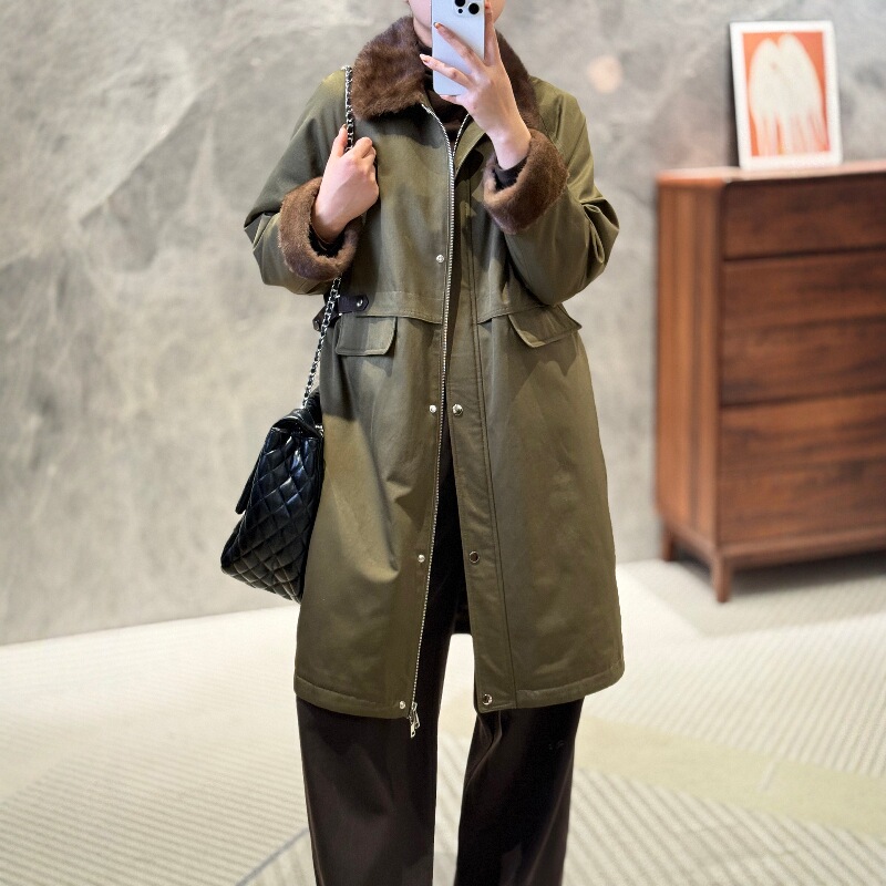 2025冬时尚新款欧货高端水貂毛拼接皮草鹅绒羽绒服女长款风衣外套