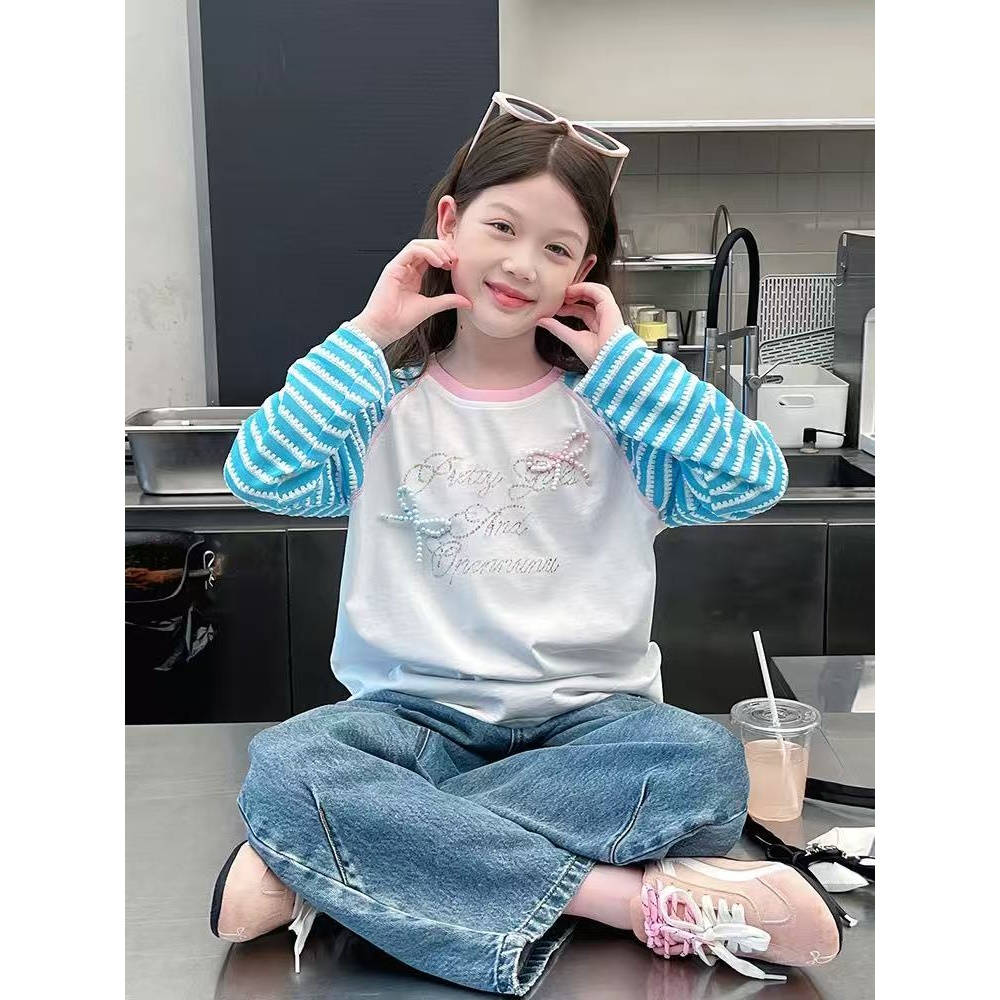 【现货】2025秋珠珠蝴蝶结条纹袖女童打底衫 D719 719 V