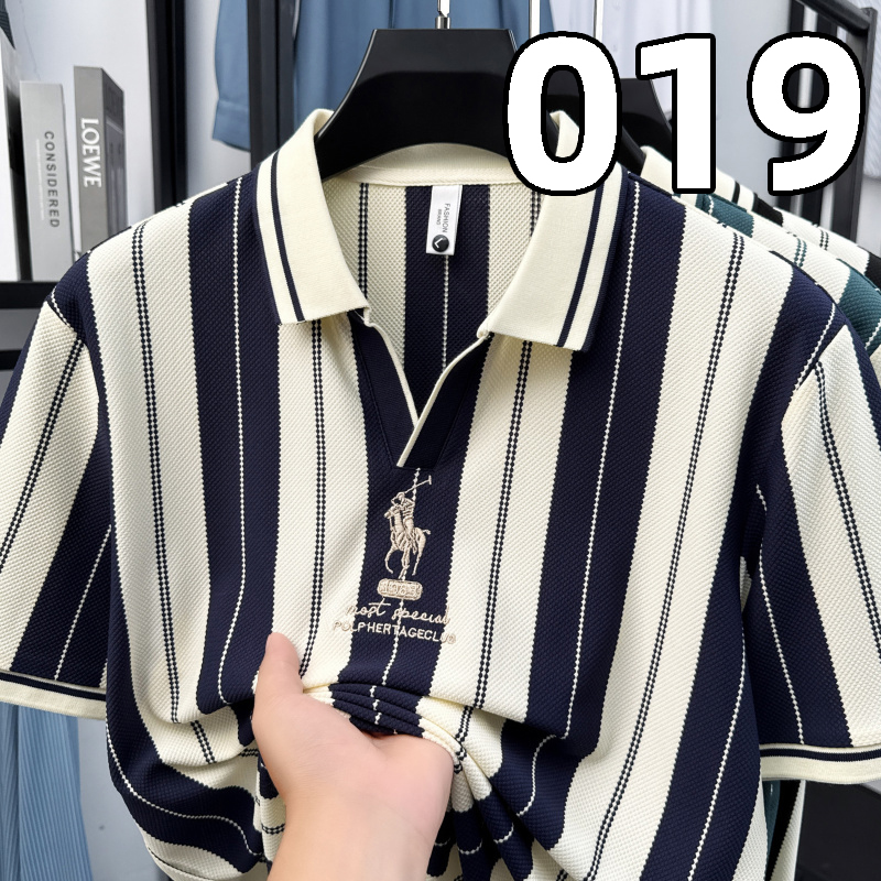 【019】夏季新款v领短袖时尚POLO衫潮流条纹男士休闲上衣爸爸装T恤
