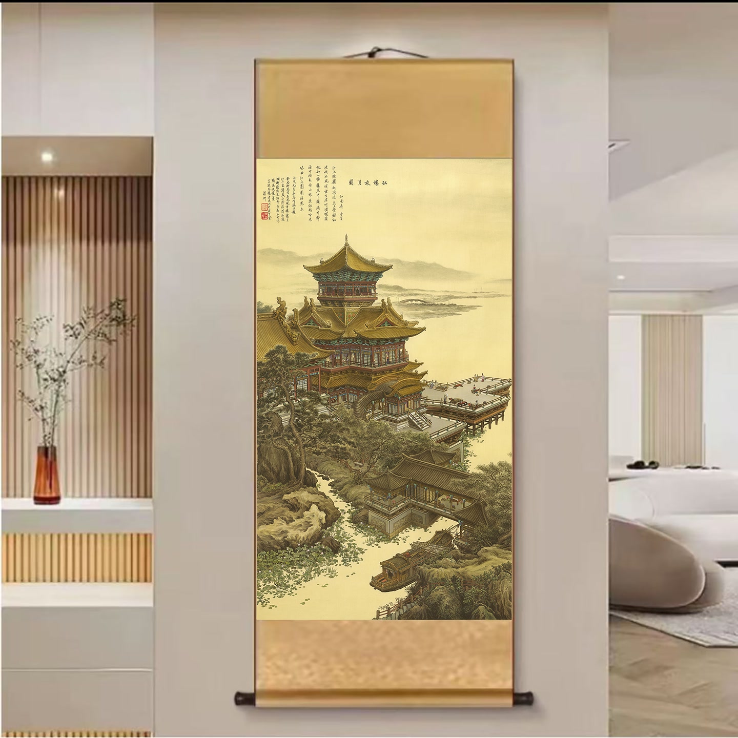 A32 精装140*45《江楼夜月图》中式数字微喷立式挂画卷轴画