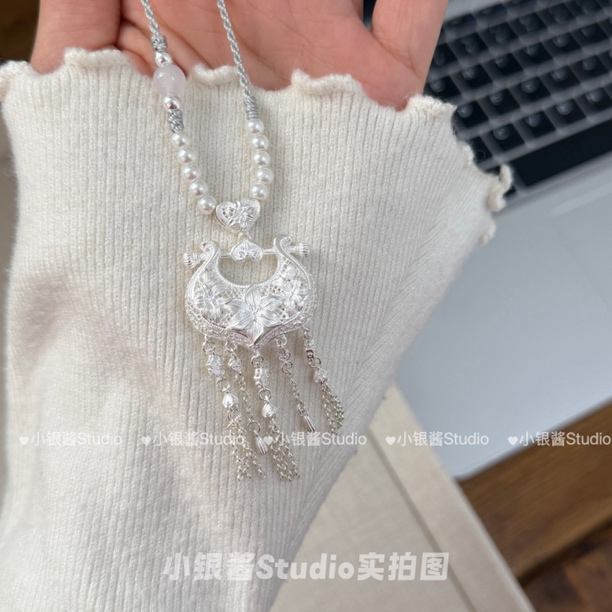 吊坠足银 足银990百合花丝流苏吊坠新中式国风银锁项链纯银毛衣链