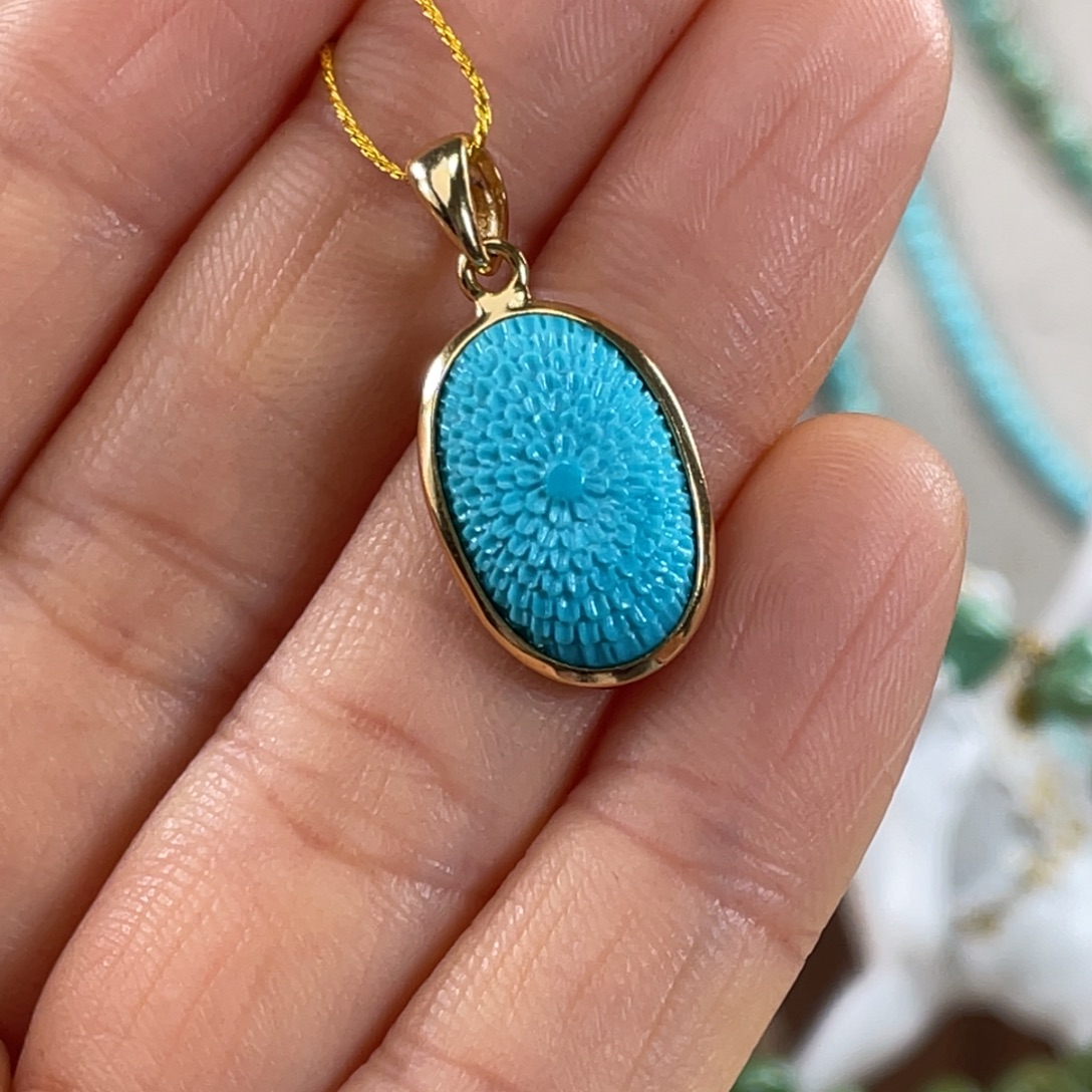 绿松石银S925镀金镶嵌套链精美格桑花吊坠