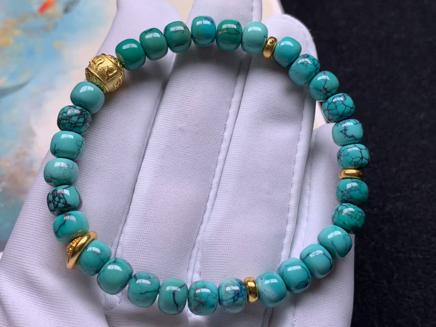 瓷釉级玻璃底无油水高瓷天然原矿水草纹绿松石老型单圈手链，直径6