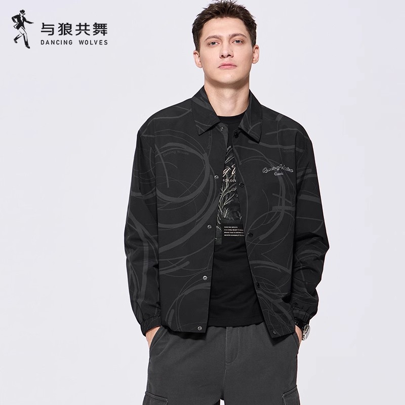 【暗纹】与狼共舞翻领夹克2025秋季新款宽松微廓显瘦休闲男士外套