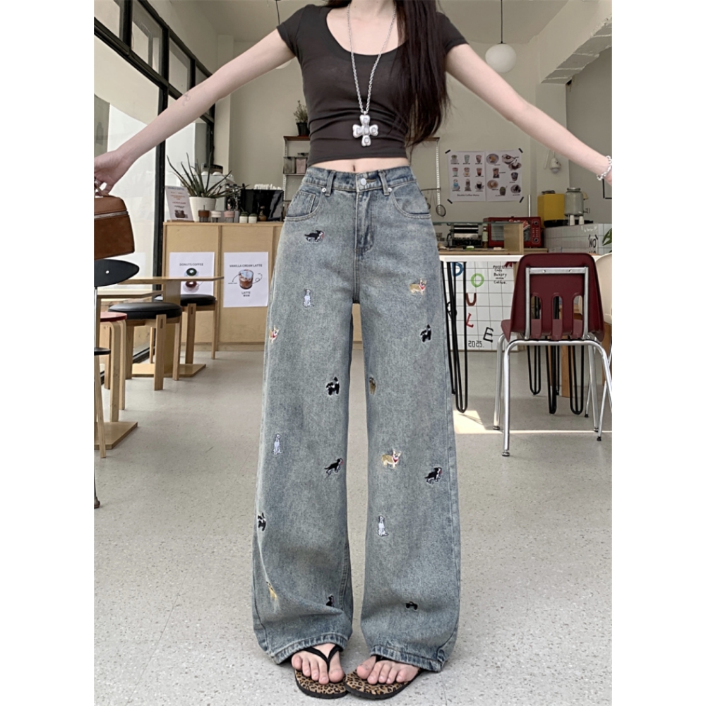 美式设计感小狗刺绣窄版牛仔裤2025春夏新款高腰显瘦宽松拖地裤子