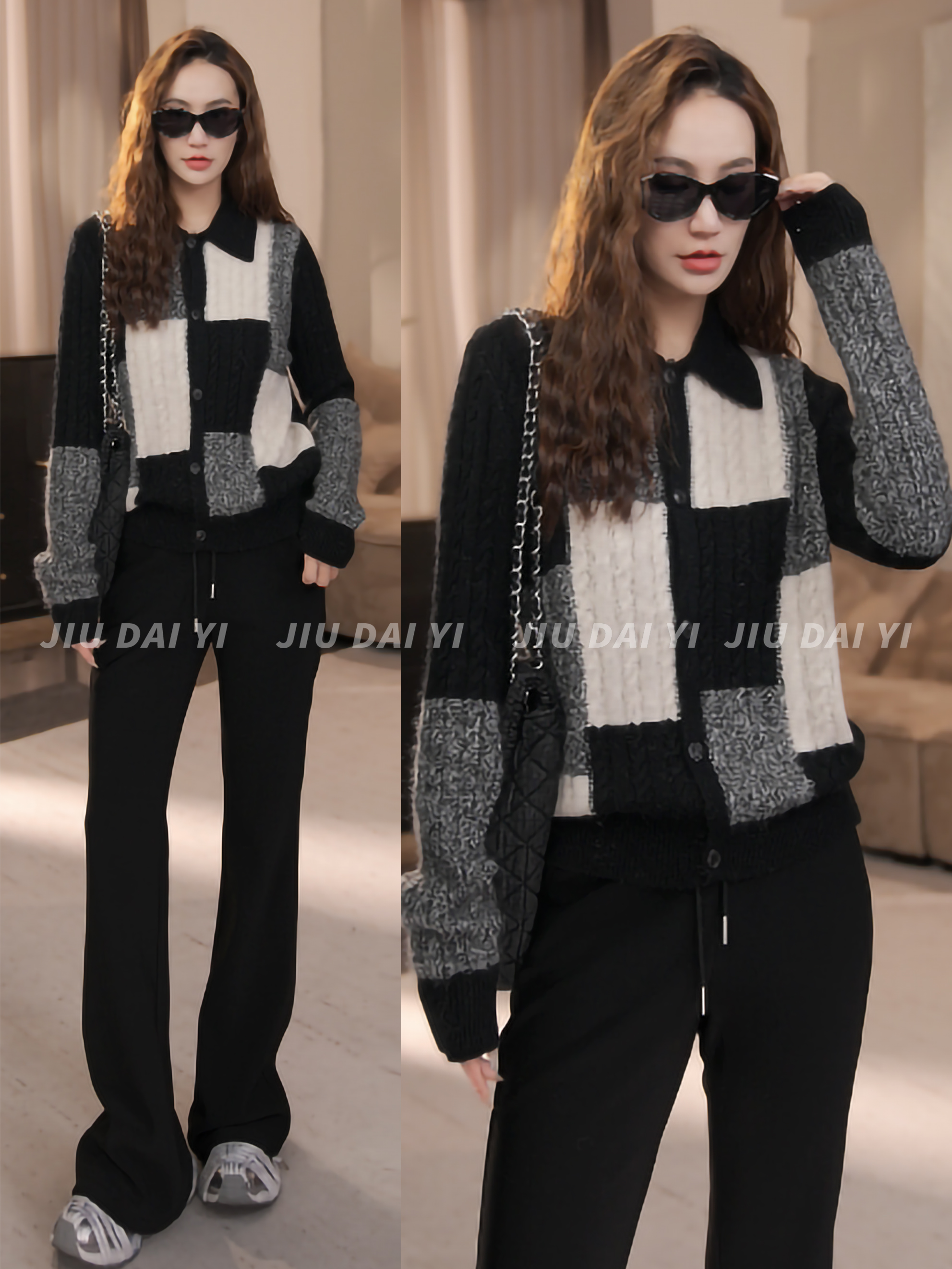 玖黛衣【定格】冬季韩版羊毛格子百搭开衫毛衣XSP48093