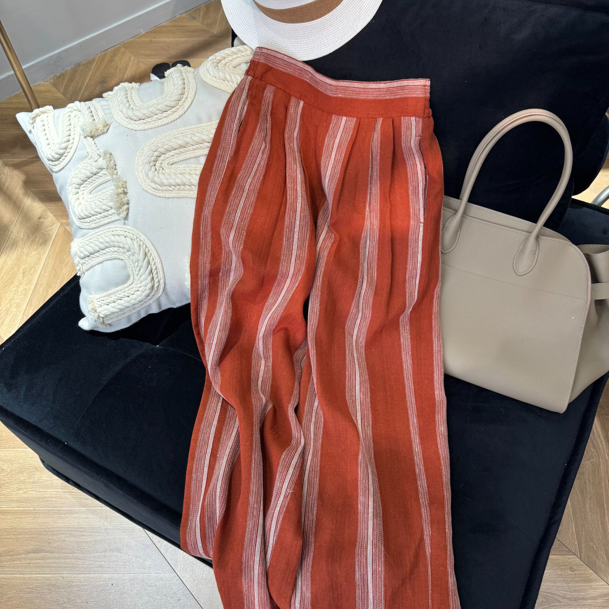 夏日度假～高品质条纹亮色休闲宽松亚麻直筒裤女长裤