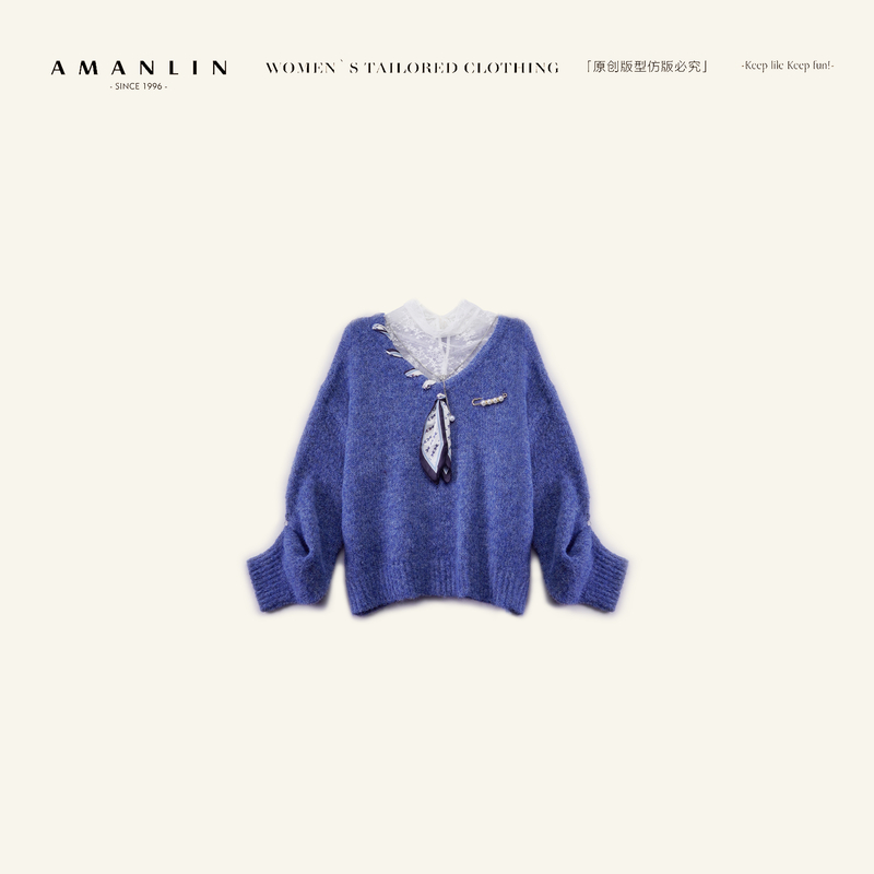 AMANLIN/阿谩琳琥珀流光蓝色v领毛衣外穿爆款慵懒风毛衣X602799