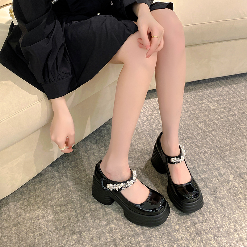 舒渗小皮鞋玛丽珍乐福鞋女透气小白鞋粗跟鞋小个子女鞋增高9cm