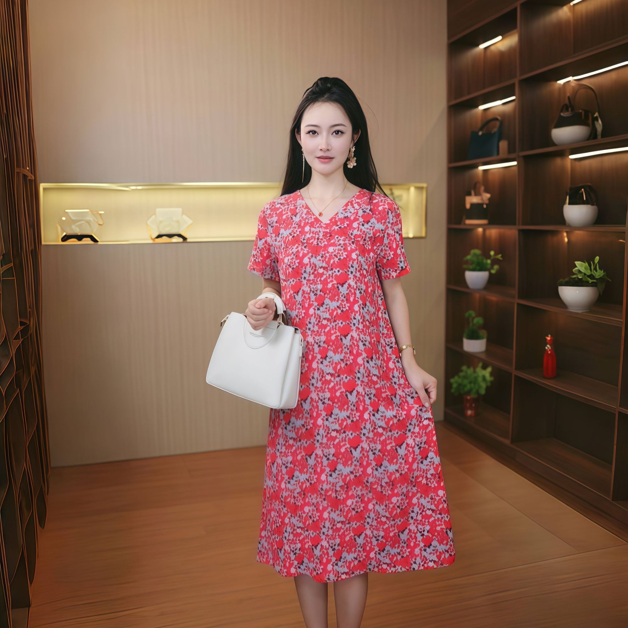 10324-中老年人女短袖连衣裙洋气中长款妈妈装夏季裙子【G仓】