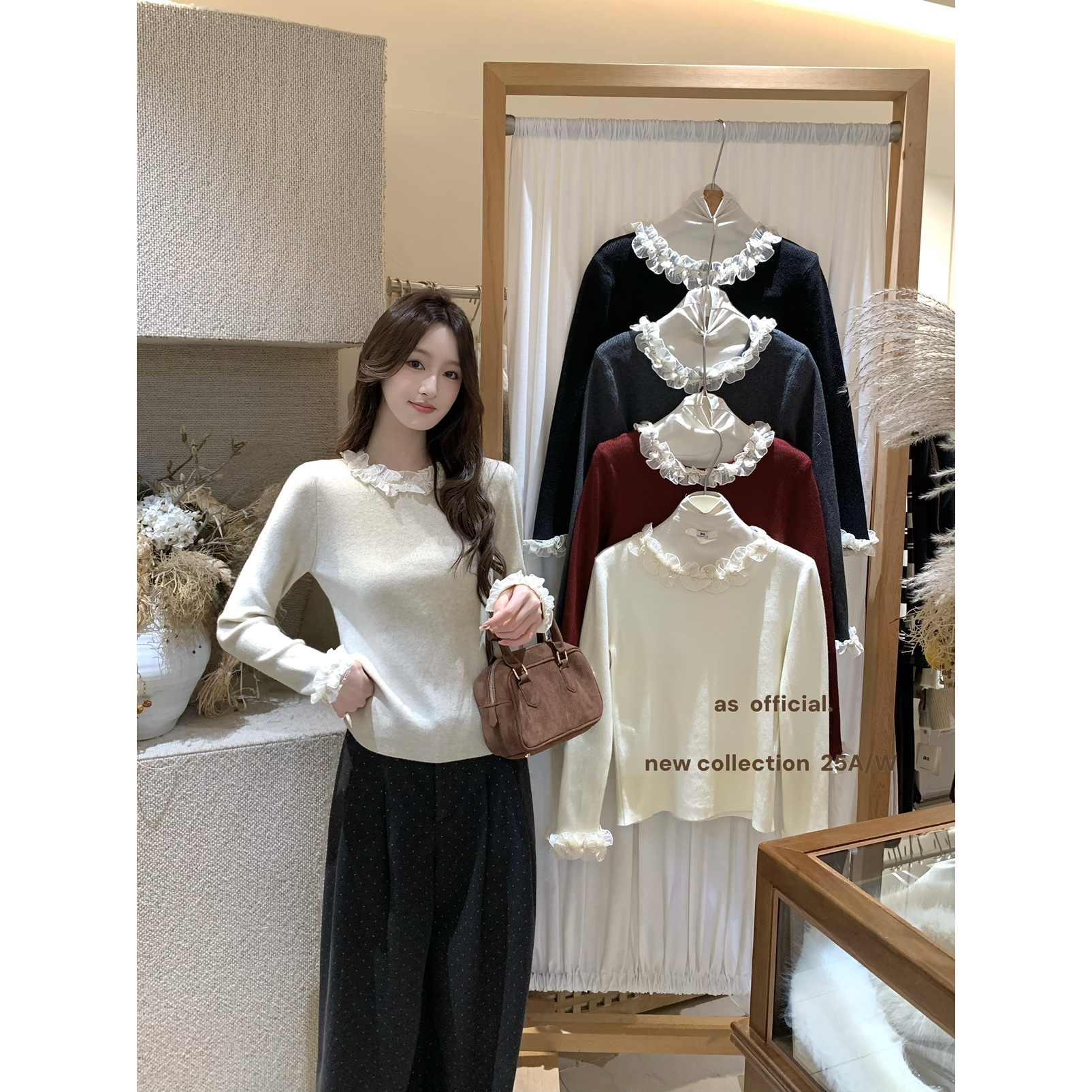 婉优雅蕾丝花边针织衫时尚好搭配秋冬时尚显瘦长袖打底衫G6-59