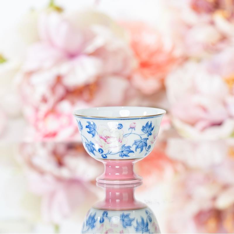 华隐堂   樱粉缠枝芙蓉高足杯    茶具茶道手工HYT124