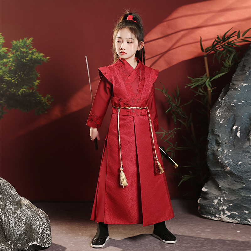 汉服女童花木兰武侠中秋节幼儿园红色演出服女孩侠客儿童古装唐装