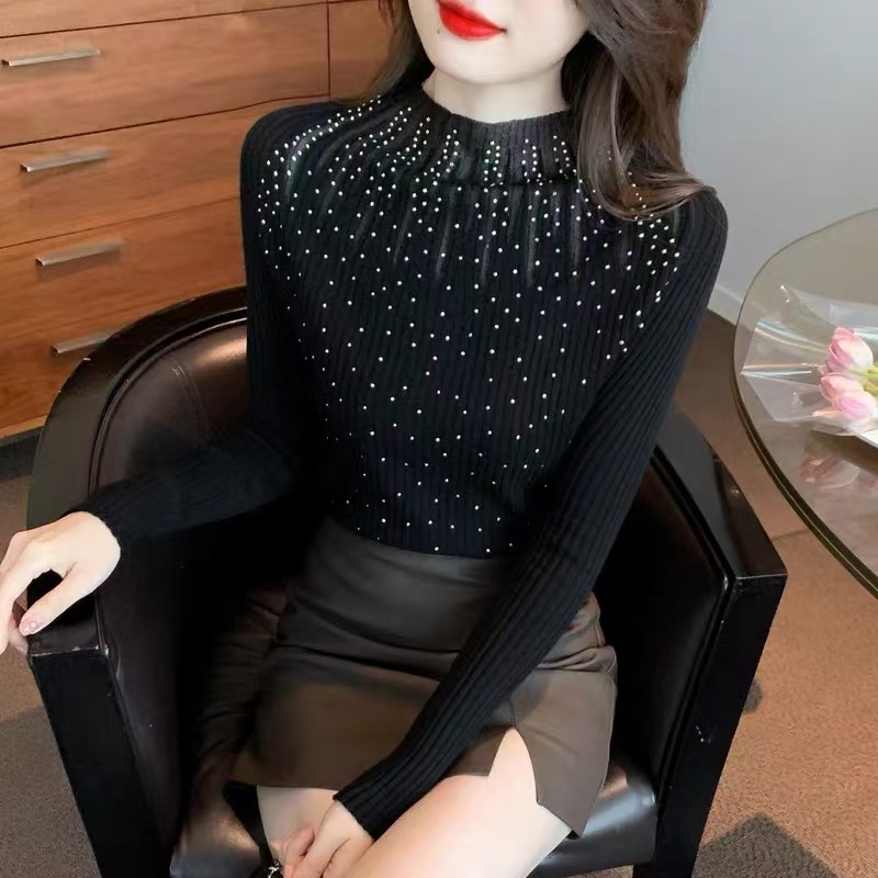 羊毛时尚满天星烫钻圆领洋气修身针织衫毛衣秋冬时尚休闲百搭打底