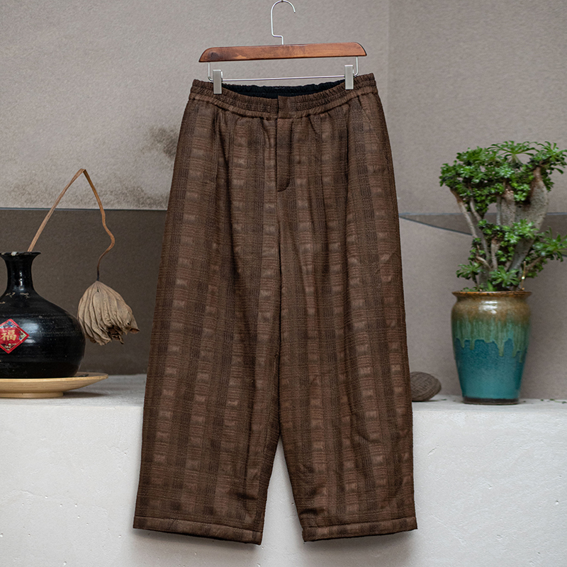 原创女装休闲百搭复古宽松中式冬季提花棉裤