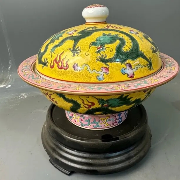 景德镇珐琅彩盖钵工艺品手绘龙纹松石绿陶瓷精品摆件
