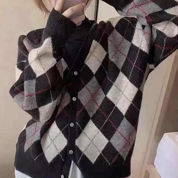 168 复古宽松文艺感百搭格子时尚毛衣开衫