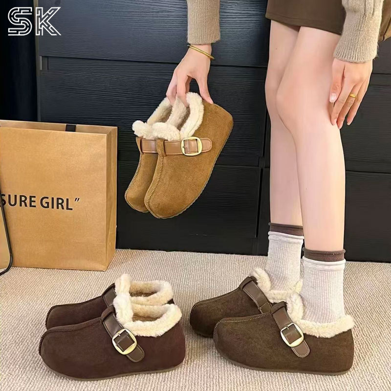 SK韩国设计潮牌秋冬新款皮带扣毛绒封边加绒保暖勃肯休闲女鞋S885