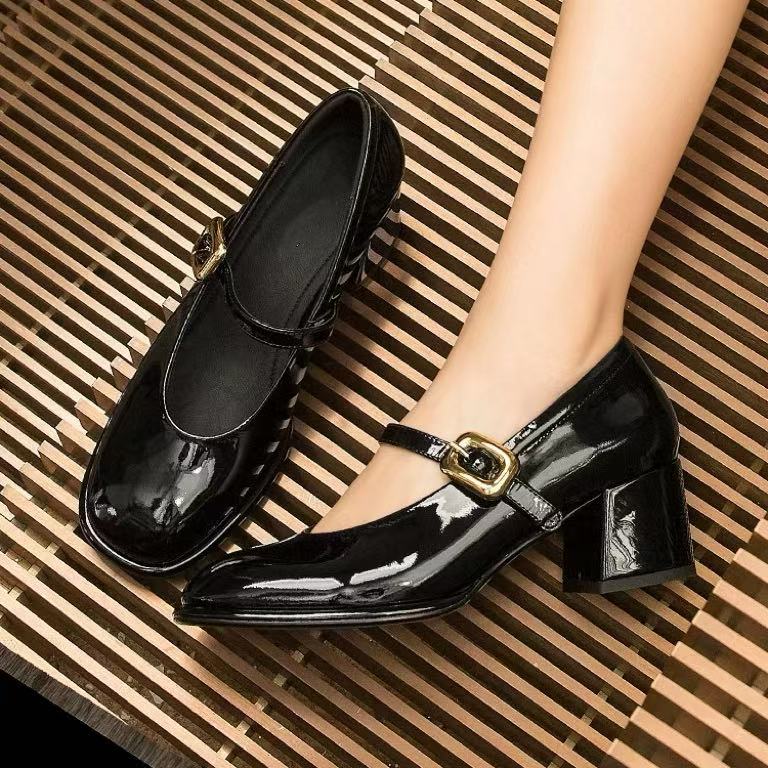 C3946 黑色  高端时尚舒适粗跟圆头玛丽珍浅口女单鞋