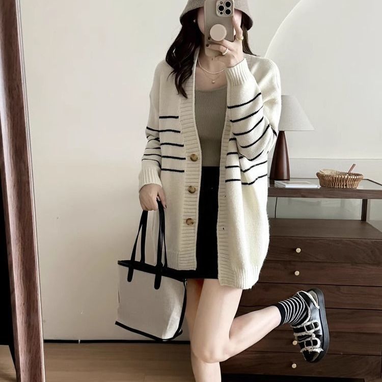 慵懒风针织衫秋冬毛衣条纹女学院风时尚毛针织衫