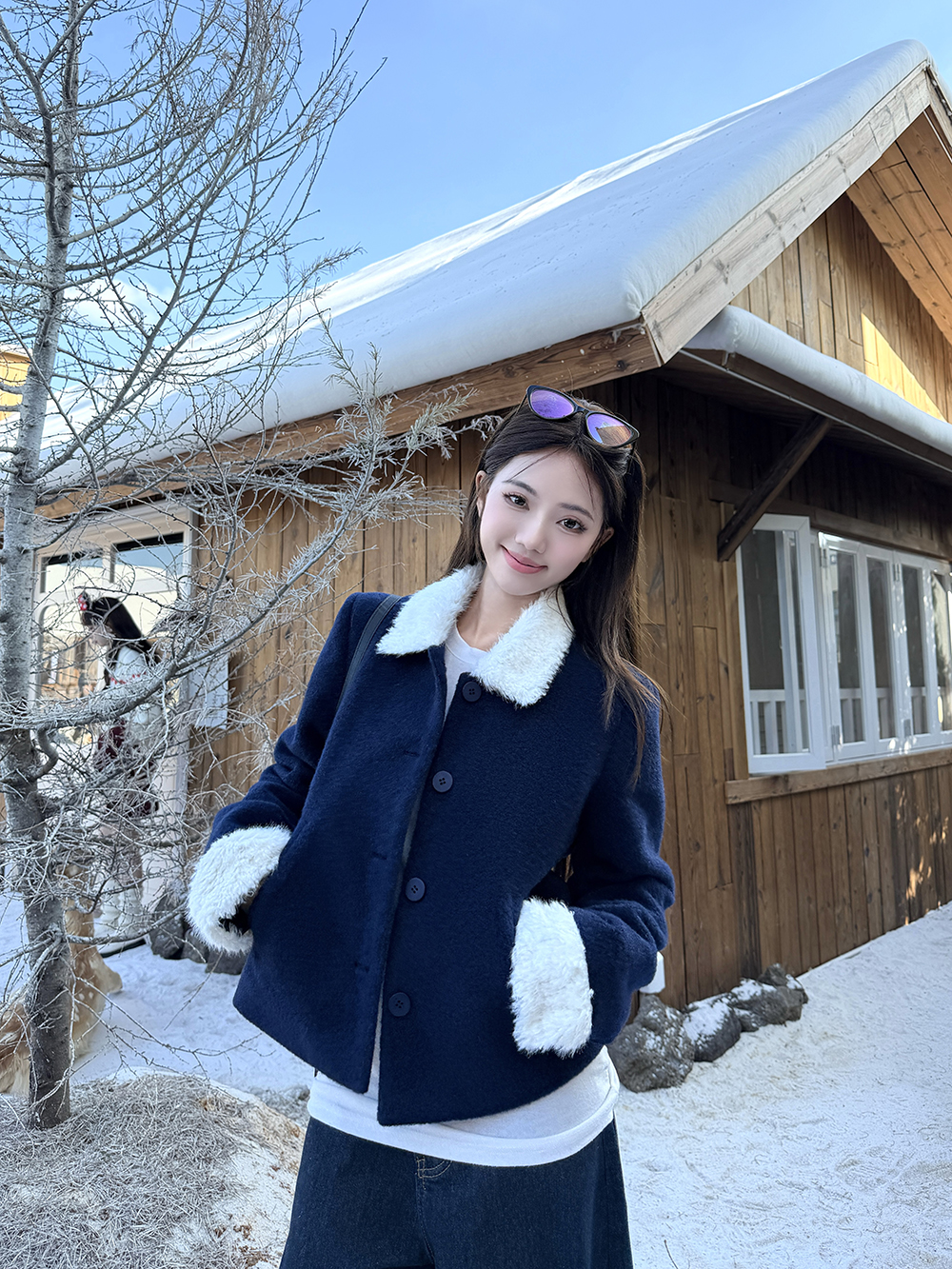 温柔风拼接羊羔毛翻领夹棉加厚外套女秋冬气质百搭上衣
