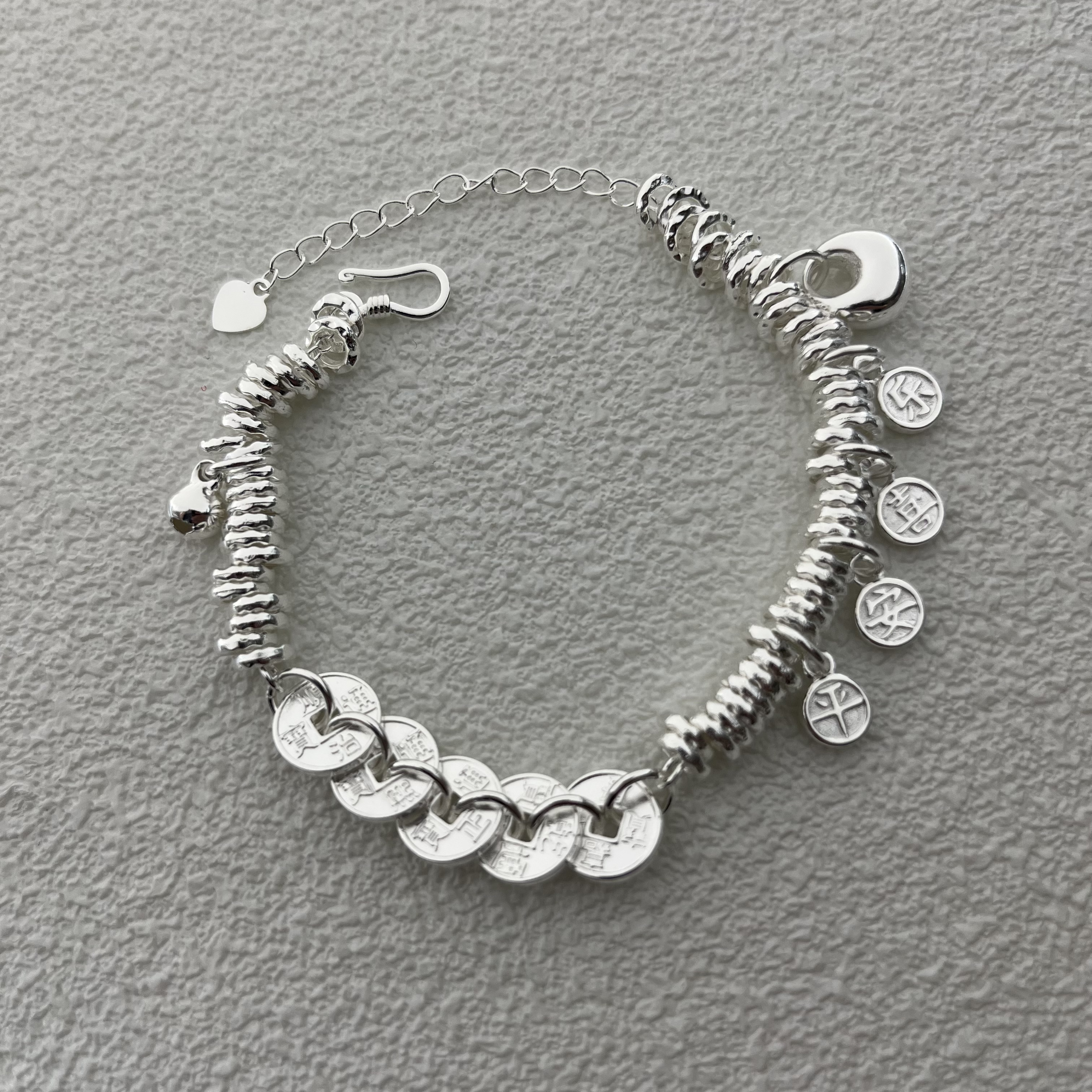 足银手链 福袋平安喜乐盘缠五帝币铃铛手链