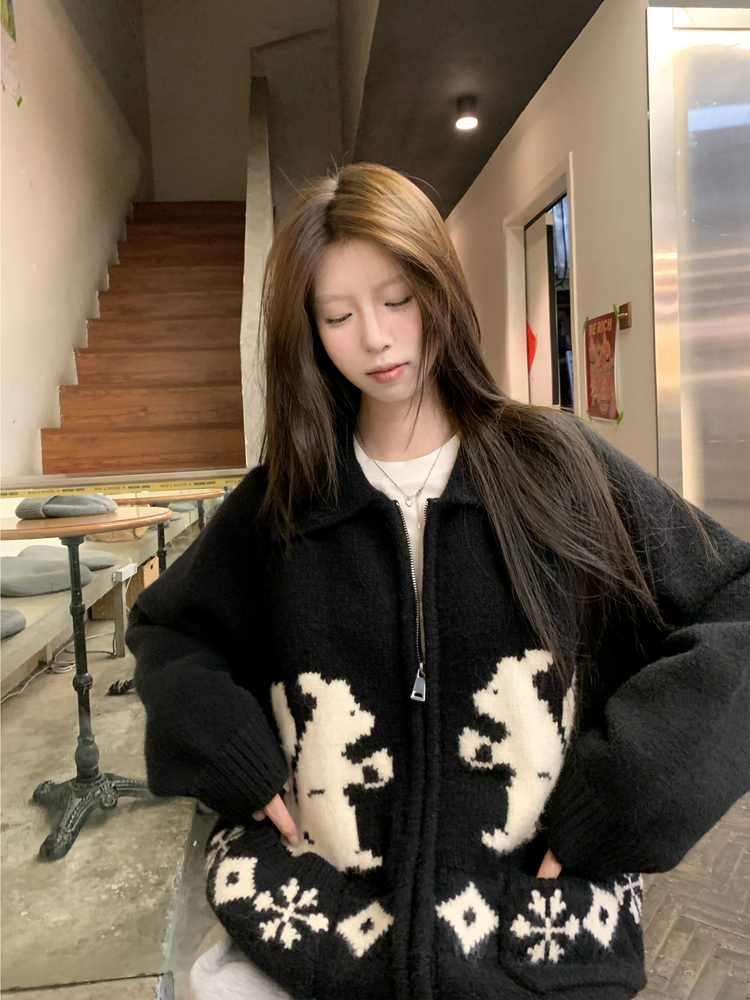 【现货+运险】美式复古甜美可爱小松鼠polo领针织衫外套女春秋开衫