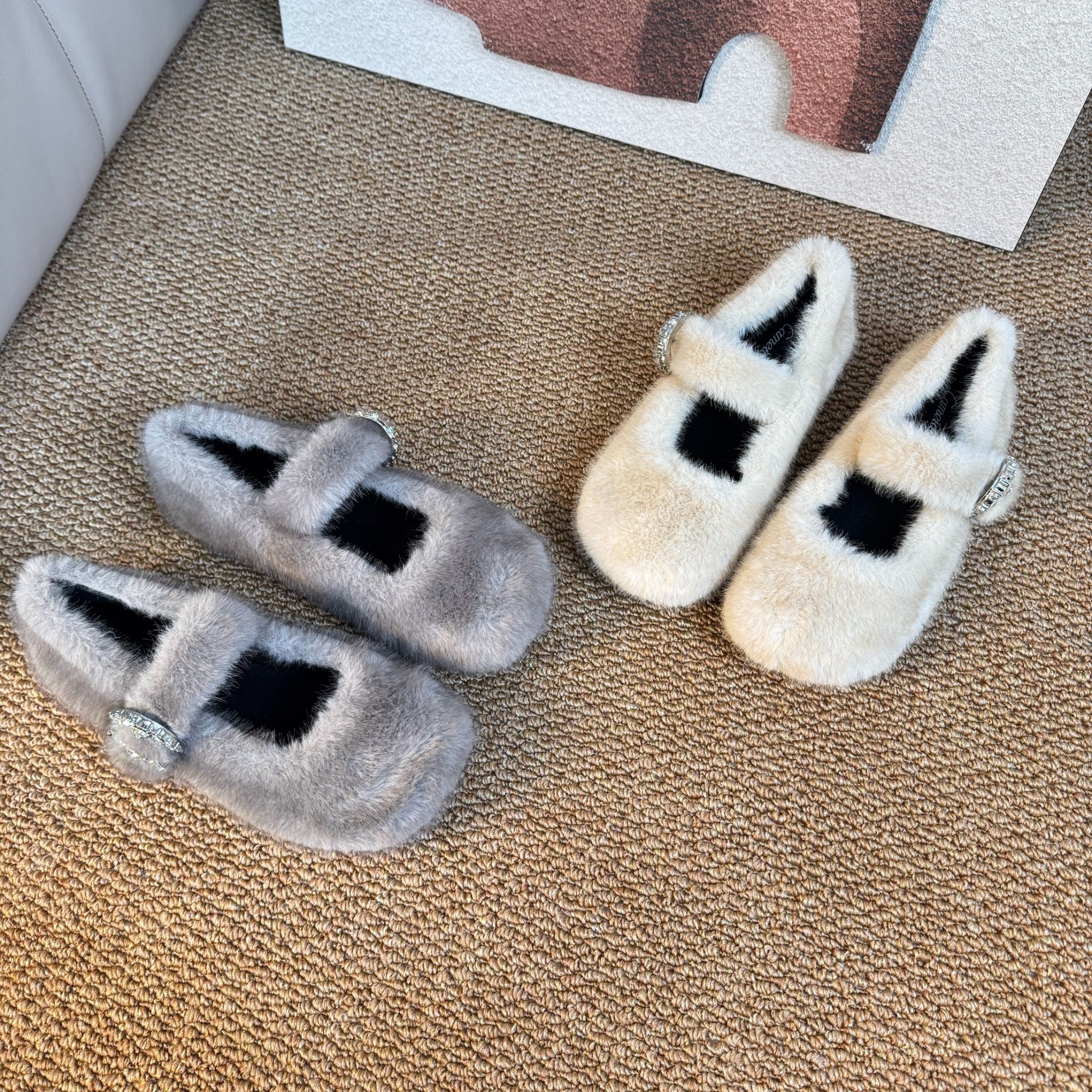 秋冬保暖水貂毛时尚百搭一字带圆头软底单鞋毛毛鞋58958