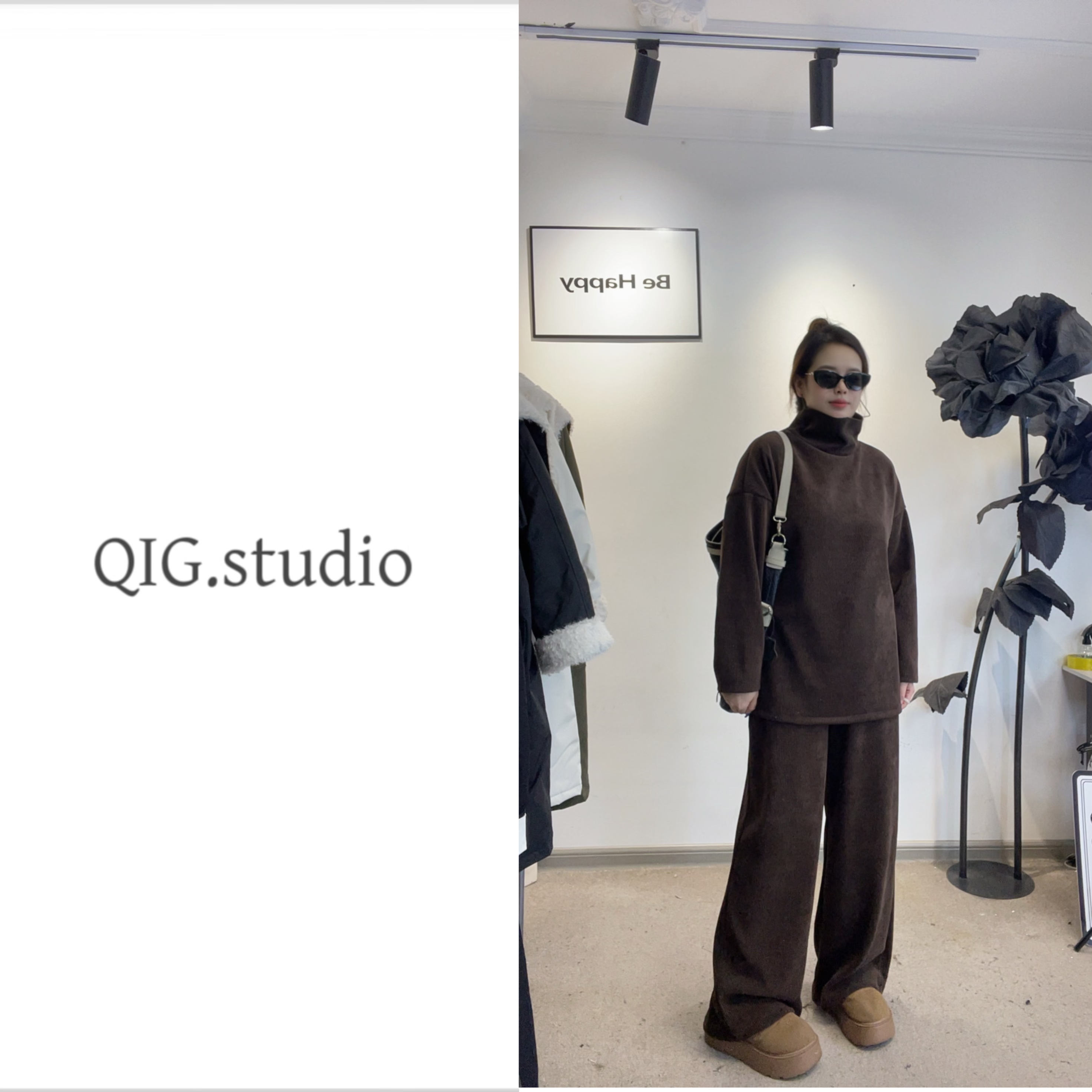 QIG红色高领阔腿裤套装冬季内搭慵懒风遮肉百搭高级感纯色两件套