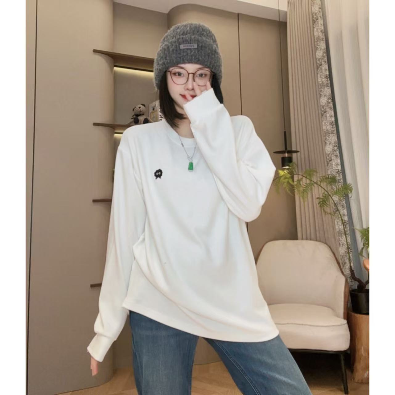 秋冬小煤球刺绣宽松休闲长袖T恤5-12-3