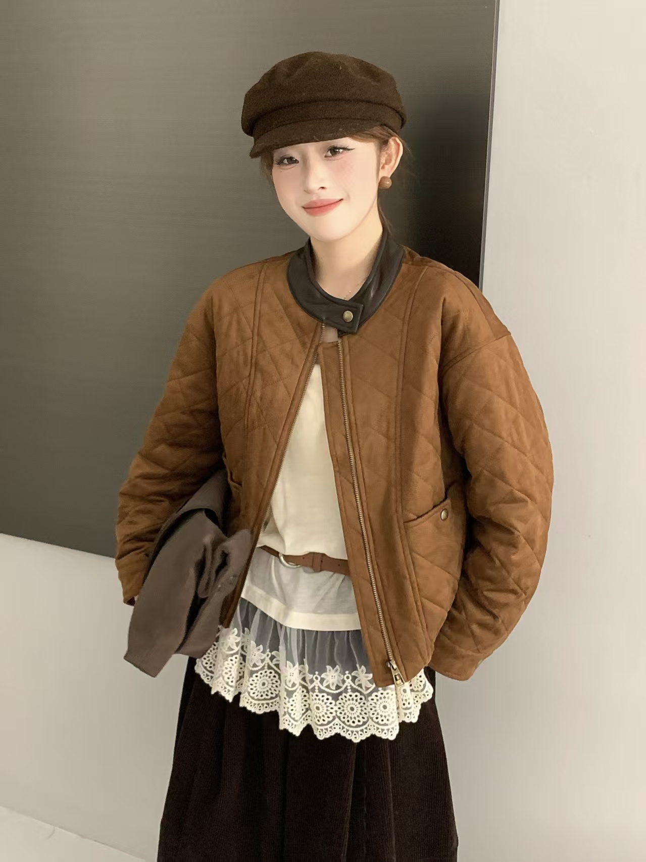 皮领拼接款棉服000