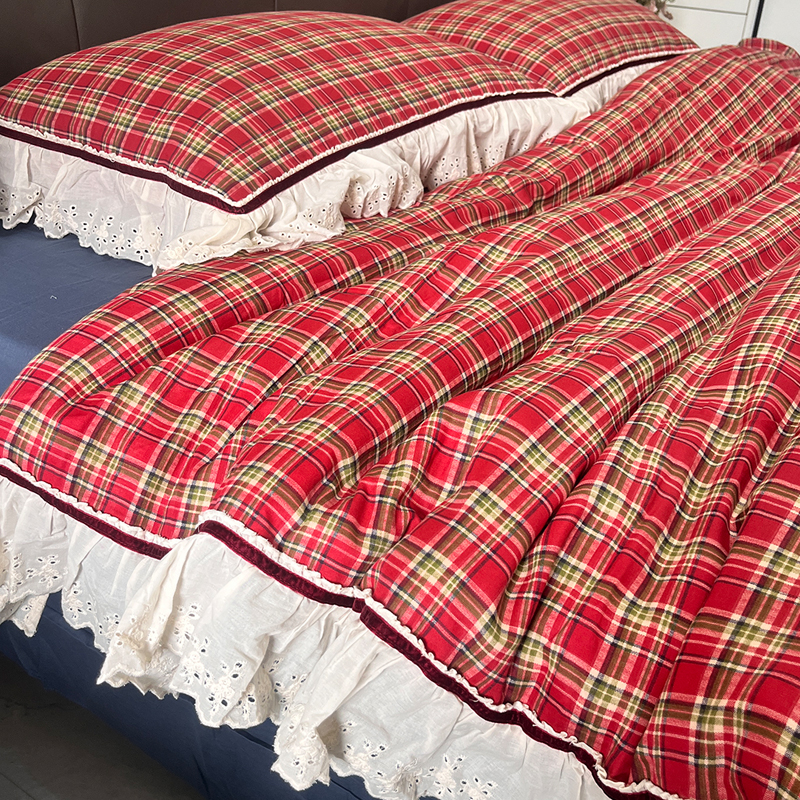 A类法式复古格子全棉四件套纯棉色织双层纱简约荷叶花边裸睡床品