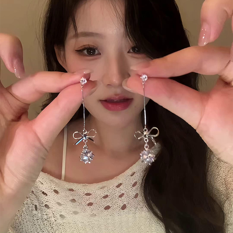 铜合金锆石耳饰 蝴蝶结流苏耳饰锆石百搭优雅耳环新款耳饰超仙