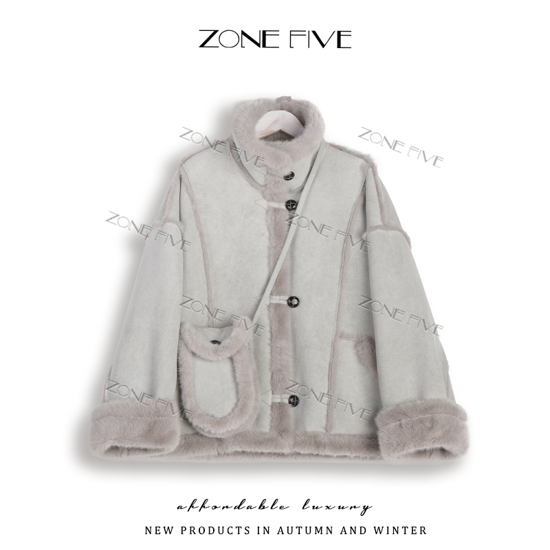 【zonefive】韩版毛毛宽松时尚短款皮毛一体短外套