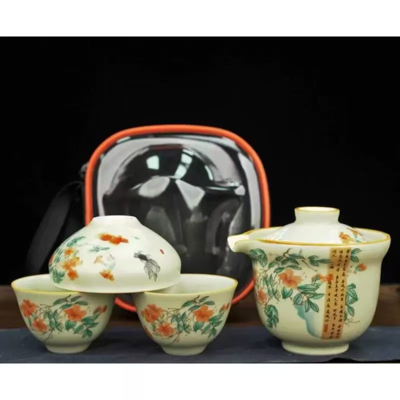 LX436年年有余苏打釉手抓壶三杯旅行茶具