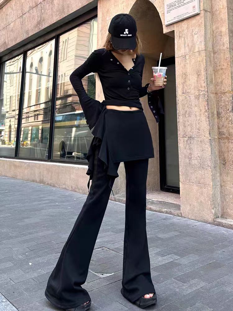 荷叶边围裙式喇叭裤女2025设计感弹力显瘦休闲裤辣妹屁帘裤88292