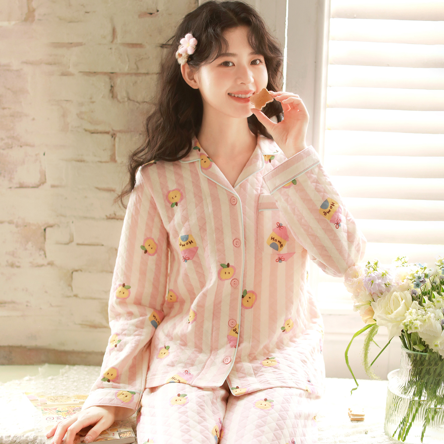 『眠岛』秋冬加厚睡衣女夹棉空气层保暖套装可爱卡通纯棉家居服